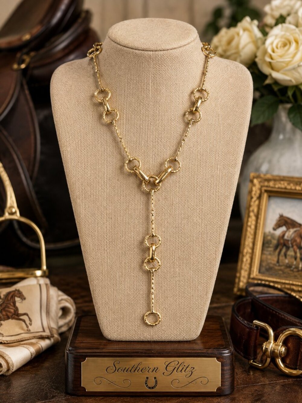 Gold Equestrian Bit Y Necklace, Horse Lover Lariat Necklace, Snaffle Bit Inspire